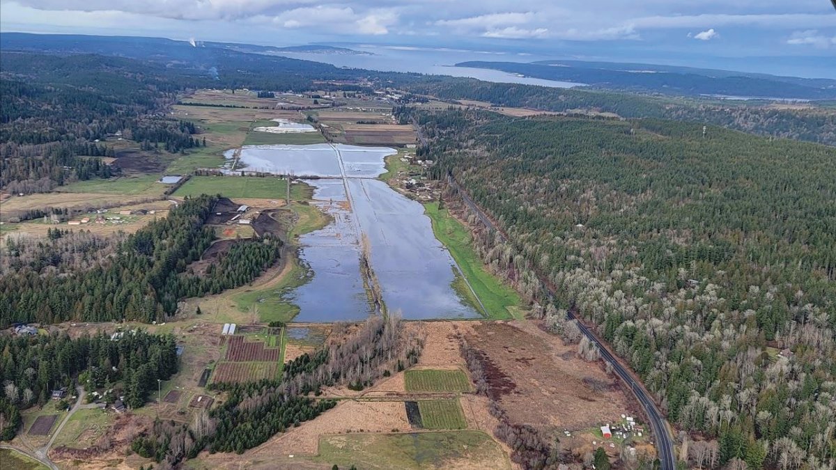 An aerial photo looking north at the Chimacum Valley and the flooding on the farm.